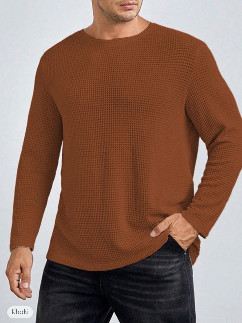 Men's Waffle Knit Crewneck Sweater in Brown